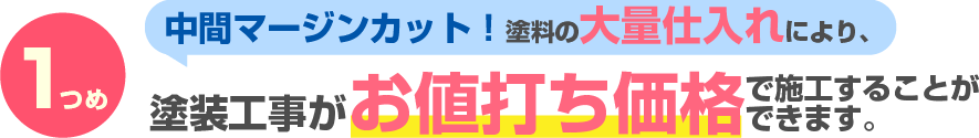 1つめ　 中間マージンカット！塗料の大量仕入れにより、塗装工事がお値打ち価格で施工することができます。